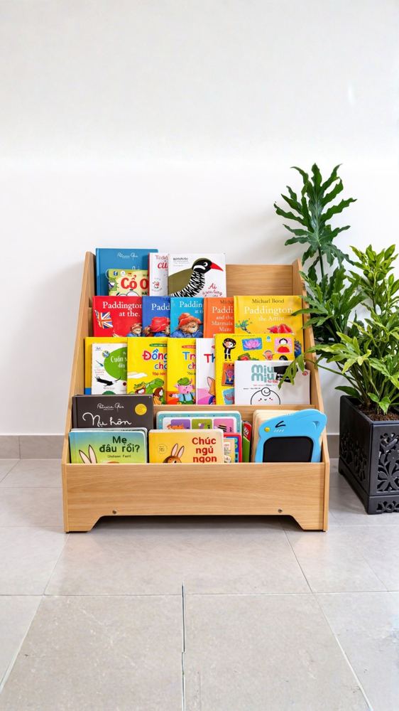 Kệ sách 4 tầng đặt ở góc phòng, cạnh chậu cây